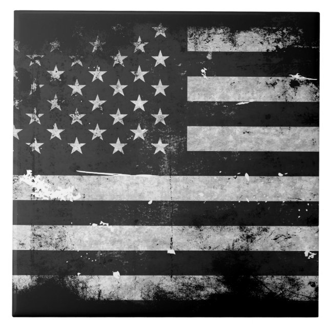 Carreau En Céramique Drapeau américain grunge noir et blanc (Devant)