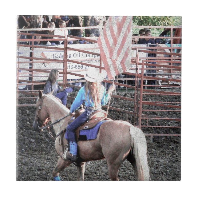 Carreau En Céramique Drapeau de rodéo Cheval et Cowgirl (Devant)