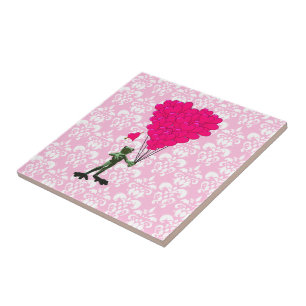 Carreau En Céramique Drôle dessin de grenouille & coeur rose sur damask