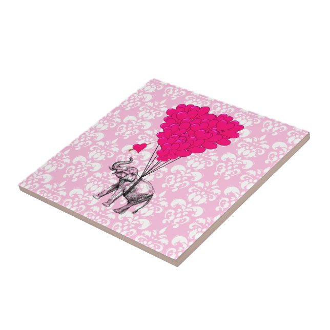 Carreau En Céramique Drôle joli éléphant et damas rose (Côté)