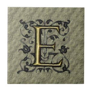 Carreau En Céramique E - Monogramme vintage de relief