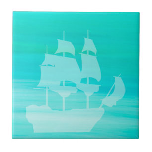 Carreau En Céramique Eau de mer Aquamarine avec vieux voilier