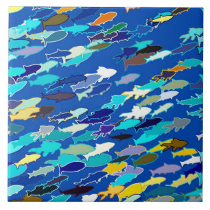 Carreau En Céramique École des poissons, bleu-foncé, blancs, turquois