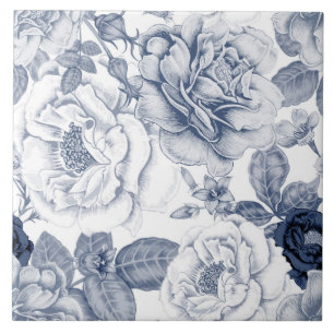 Carreau En Céramique Elégant bleu blanc vintage motif floral