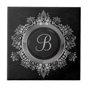 Carreau En Céramique Élégant monogramme initial noir et argent simple