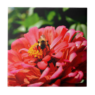 Carreau En Céramique Elégante corail rouge floral mignonne bourdon bee