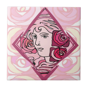 Carreau En Céramique Élégante femme Rose Art Nouveau