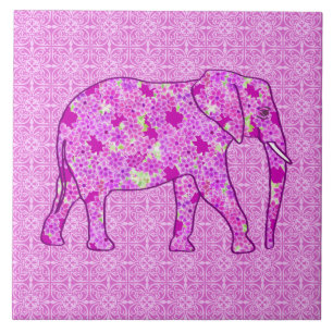 Carreau En Céramique Eléphant à fleurs - orchidée et magenta