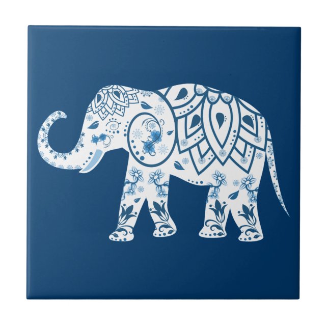 Carreau En Céramique Eléphant bleu à motif orné (Devant)
