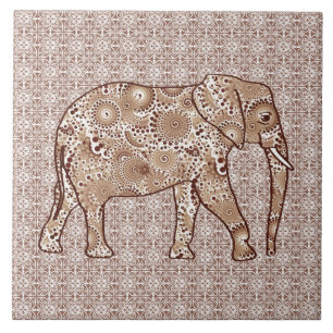 Carreau En Céramique Éléphant de remous de fractale - brun et taupe