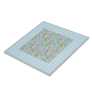 Carreau En Céramique En vichy bleu blanc, fleurs de pomme rose sur bleu