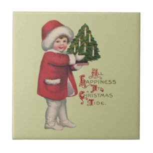 Carreau En Céramique Enfant avec arbre de Noël Illustration Vintage Art