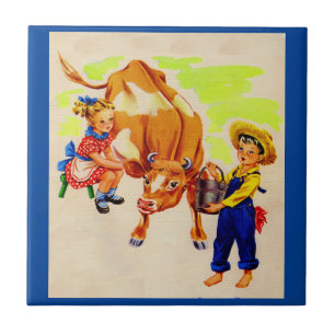 Carreau En Céramique enfants adorables avec la vache adorable