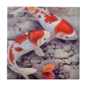 Carreau En Céramique Étang à poissons rouge et blanc de Koi