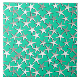 Carreau En Céramique étoiles d'argent sur turquoise