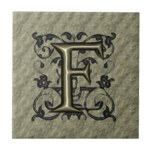 Carreau En Céramique F - Monogramme vintage de relief (or)