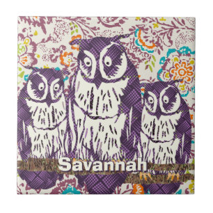 Carreau En Céramique Famille de hibou géométrique stylisée violet