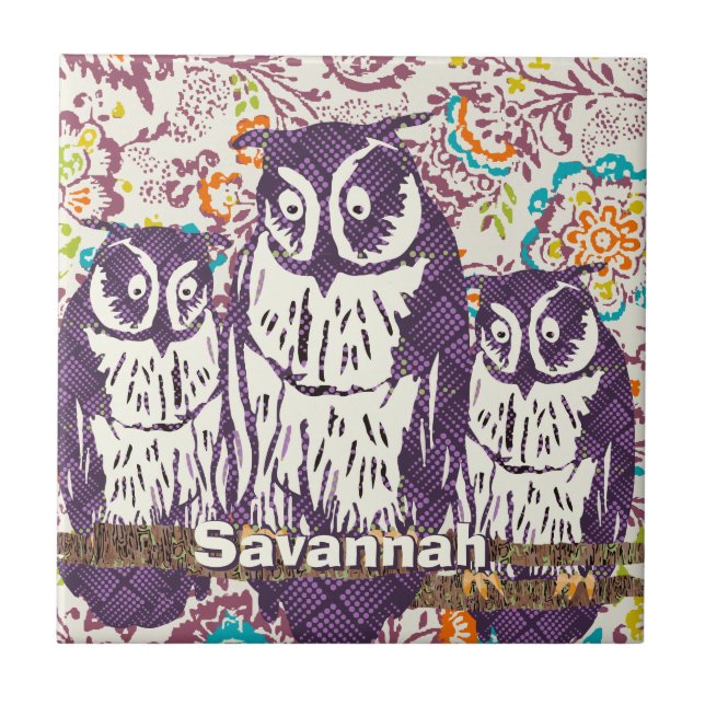Carreau En Céramique Famille de hibou géométrique stylisée violet (Devant)