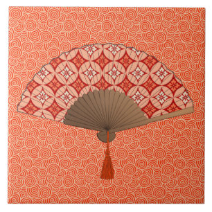 Carreau En Céramique Fan japonaise, motif de Shippo, mandarine