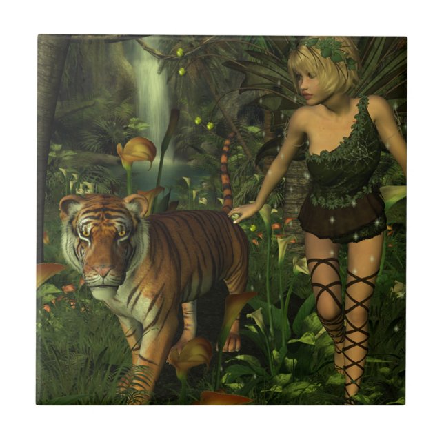 Carreau En Céramique Fée et tigre dans la jungle (Devant)
