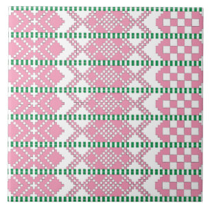 Carreau En Céramique Feminine Art populaire tribal letton rose et blanc
