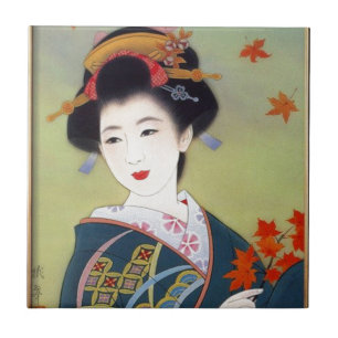 Carreau En Céramique Femme japonaise dans le kimono bleu