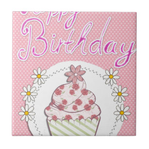 Carreau En Céramique Fête Cupcake Rose Joyeux anniversaire