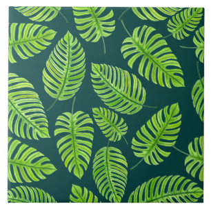 Carreau En Céramique Feuilles de Monstera, motif d'aquarelle tropicale