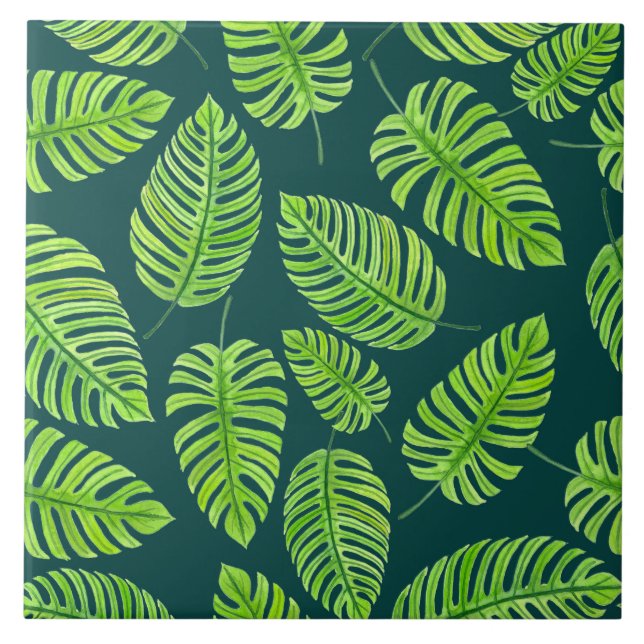 Carreau En Céramique Feuilles de Monstera, motif d'aquarelle tropicale (Devant)