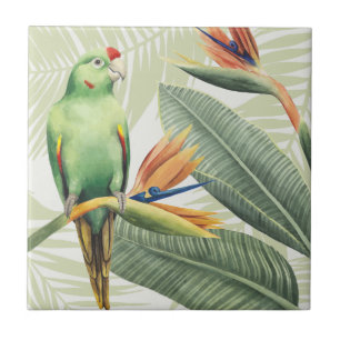 Carreau En Céramique Feuilles de palmiers à oiseaux verts