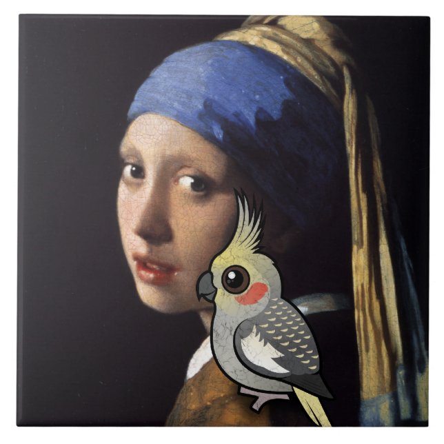 Carreau En Céramique Fille avec un Cockatiel de perle (Devant)