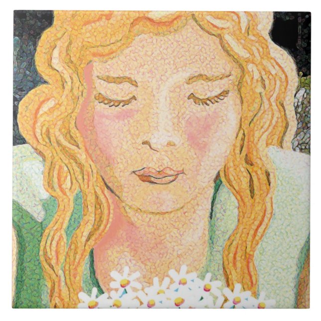 Carreau En Céramique fille et marguerites (Devant)
