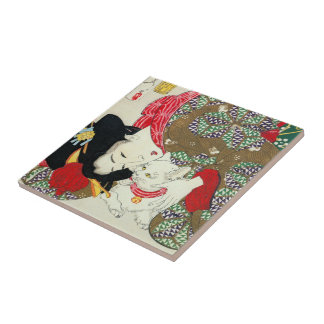 Carreau En Céramique Fille japonaise avec le chat, Tsukioka Yoshitoshi