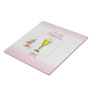 Carreau En Céramique Fille Rose Première Communion Sainte, Chalice, Hôt
