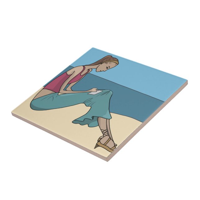 CARREAU EN CÉRAMIQUE FILLE SUR LA PLAGE (Côté)