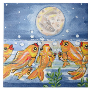 Carreau En Céramique Fish Family & Moon Blue 6" Carrelage Trivet