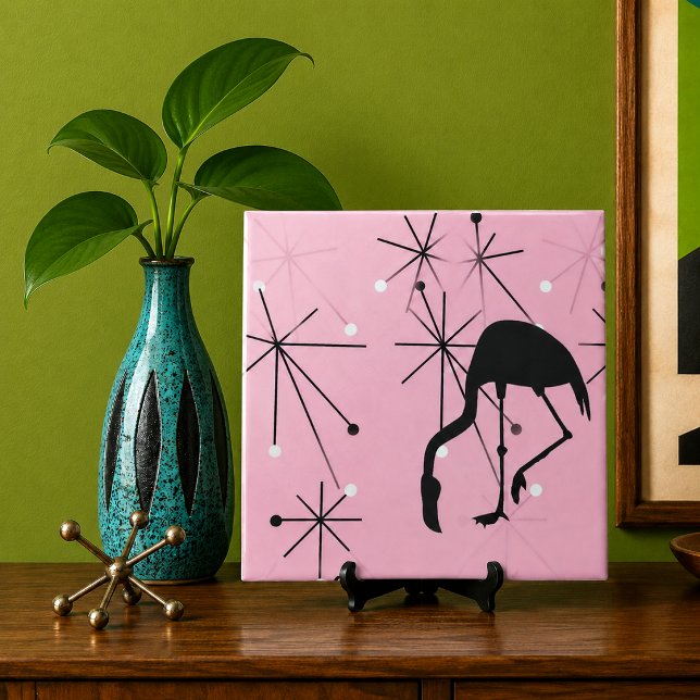 Carreau En Céramique Flamant Rose Moderne Milieu de Siècle Éclaté en Ra (midcentury mod atomic starbursts flamingo silhouette Palm Spring deco beach house decor retro tile)