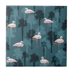 Carreau En Céramique Flamants roses en pastel sur Teal