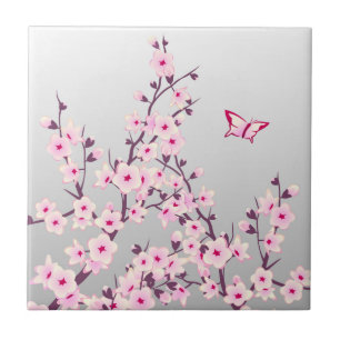 Carreau En Céramique Fleur de cerisier papillon rose gris