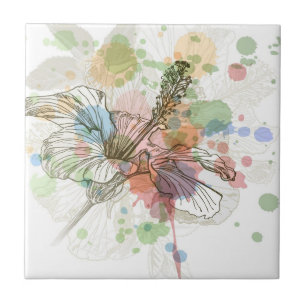 Carreau En Céramique Fleur de ketmie et arrière - plan d'aquarelle