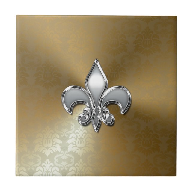 Carreau En Céramique Fleur-De-Lis Argent sur Damas Or (Devant)