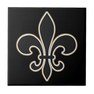 Carreau En Céramique Fleur de Lis Black avec le blanc et l'or