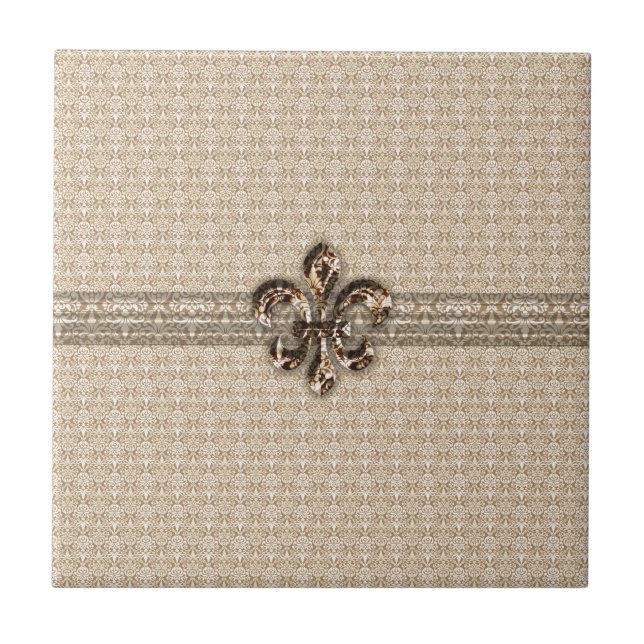 Carreau En Céramique Fleur de Lis d'or avec motif Damas de crème (Devant)