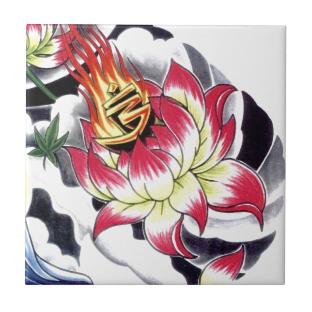Carreau En Céramique Fleur de Lotus japonais style tatouage (Devant)