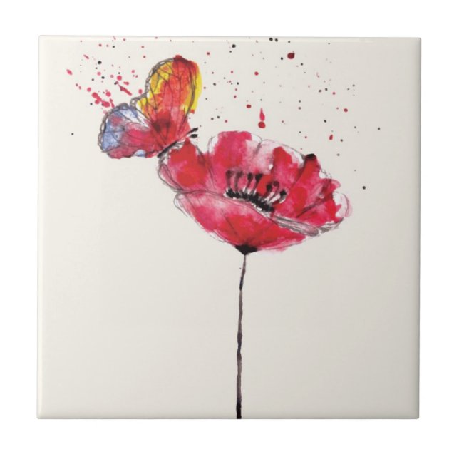Carreau En Céramique Fleur peinte stylisée de pavot d'aquarelle (Devant)