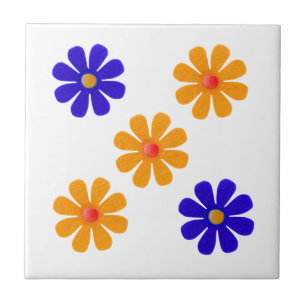 Carreau En Céramique Fleurs bleues et oranges de ressort pour la