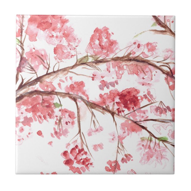 Carreau En Céramique Fleurs de cerisier rose aquarelle fleurie (Devant)
