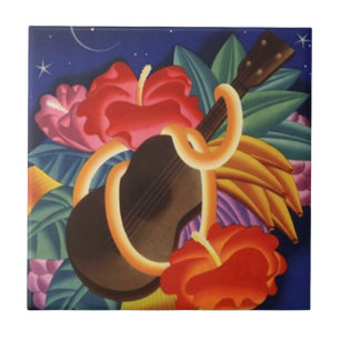 Carreau En Céramique Fleurs de nuit hawaïennes d'ukulélé de cru de
