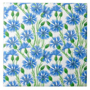 Carreau En Céramique Fleurs d'eau bleu, fleurs sauvages sur blanc