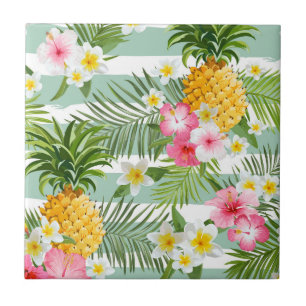 Carreau En Céramique Fleurs et ananas tropicaux sur les rayures